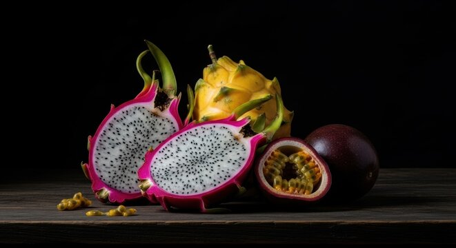 Potongan buah naga dan markisa segar di atas meja kayu gelap melambangkan kemewahan buah eksotis tropis dengan pencahayaan sinematik
