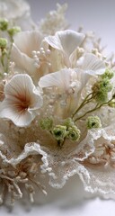 Delicate, light beige flowers and lace,  with tiny, green accents,  in a close-up view