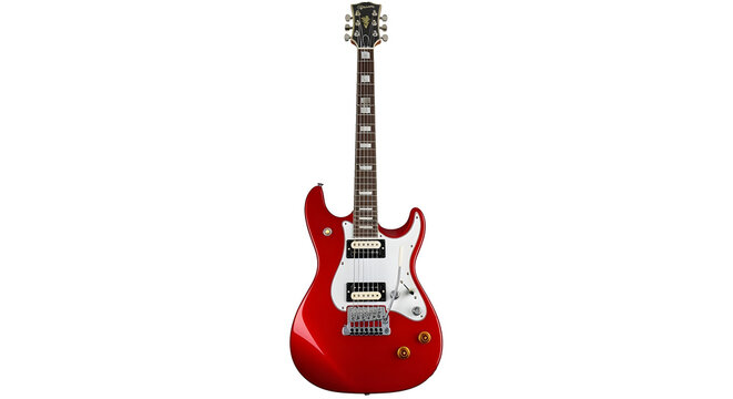 Red electric guitar six string music instrument professional performance audio equipment isolated