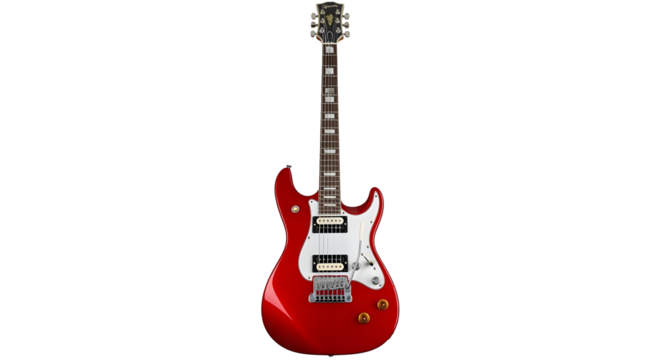 Red electric guitar six string music instrument professional performance audio equipment isolated