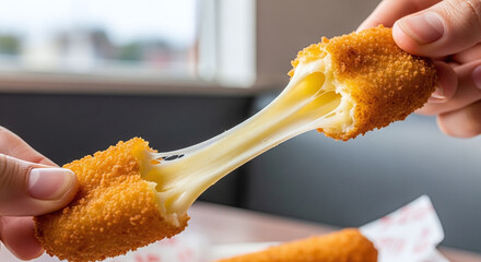 A person pulling apart a mozzarella stick with cheese stretching between the two halves of the snack