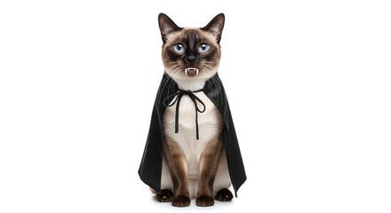 A siamese cat dressed in a vampire costume with fangs and a black cape on a white background