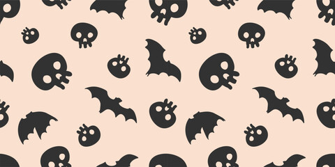 Halloween seamless pattern with flying bats and cartoon skulls on a beige background. Perfect for holiday packaging, kids crafts, wrapping paper, and digital projects.