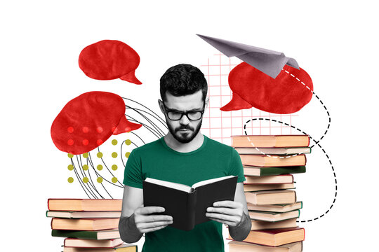 Creative collage picture young man student learn preparation read book library literature stack pile textbox speech paper airplane