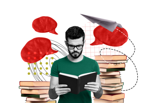 Creative collage picture young man student learn preparation read book library literature stack pile textbox speech paper airplane