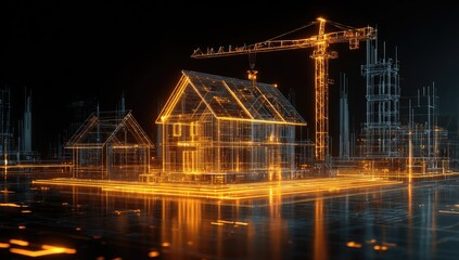 Fototapeta premium Digital blueprint of a house under construction, illuminated by warm light, with other buildings in the background