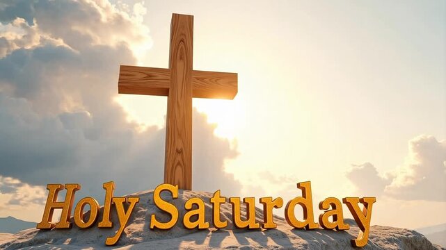 Animated Easter Cross Ascending Through Clouds over Holy Saturday Text A Spiritual Celebration of Resurrection and Faith in Peaceful Scene