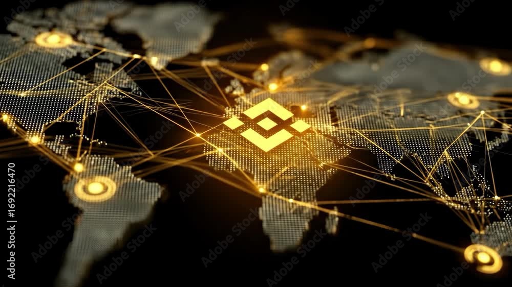 Poster global network of digital currency: a dazzling network illuminates the world map, representing the i