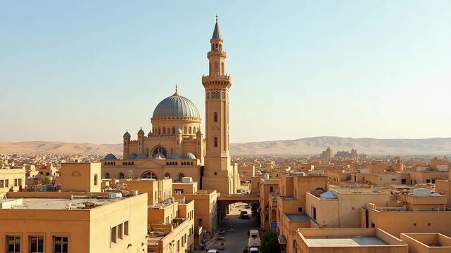 Stunning Mosque Overlooking Ancient Arab City of Madaba, Jordan - A Captivating Landscape Video for Travel and Cultural Exploration
