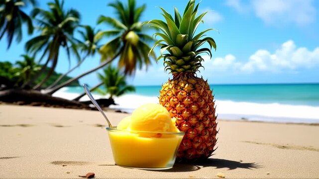 Pineapple delight: Tropical dessert on beach paradise with turquoise water