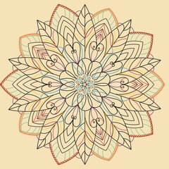 Vintage boho leaf mandala line art on beige