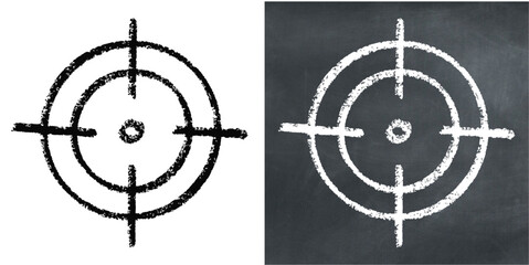 Chalk hand-drawn crosshair target vector. Ideal for themes of precision, accuracy, focus, and aiming. Captures a classic, sketchy feel with a raw and textured aesthetic, perfect for gaming or shooting