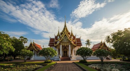 Fototapeta premium Majestic Thai temple with golden spires and intricate architecture, set amidst lush gardens and a serene pond under a beautiful sky, showcasing traditional Buddhist heritage.