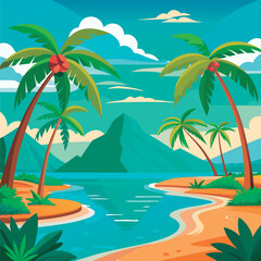 Obraz premium Vector illustration of a Tropical paradise beach scene.
