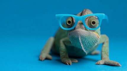 Chameleon wearing hipster glasses on blue background