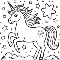 Cute unicorn with stars and clouds, isolated on white background