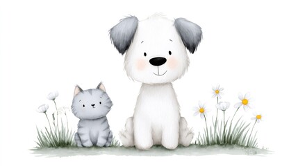 Cute dog and cat sitting in grass with daisies, watercolor illustration