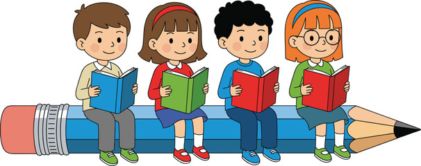 Cartoon children reading books while sitting on giant pencil, education and learning concept, colorful characters, school theme, flat vector illustration, CAD drawing design