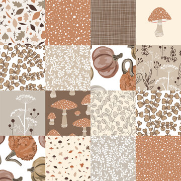 Autumn beige seamless patchwork quilt. Kawaii seamless pattern for fall season. Cute childish vector background, delicate pastel palette.