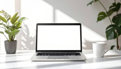 Fototapeta premium Minimalist home office workspace with a blank screen laptop for mockup, house plants, and a mug in a bright sunlit room
