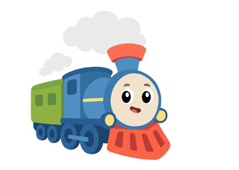 Cute cartoon train vector illustration with smiling face, colorful locomotive and carriage, perfect for kids design, games, apps, and educational projects.