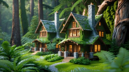 Obraz premium Drizzlewood Retreat - Classic Houses in the wilderness reveal a serene escape surrounded by pristine forests, where rustic elegance meets the unspoiled spirit of nature