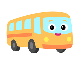 Vector illustration of a cute cartoon school bus with smiling face, bright yellow color, simple flat design, perfect for kids books, educational materials, coloring pages, transport icons, and prescho