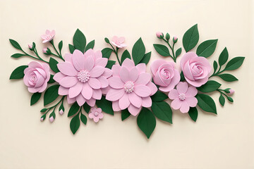 Beautiful arrangement of soft pink roses and green leaves romantic floral design overhead view white background