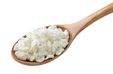 Cottage cheese in a wooden spoon close-up on a white. Isolated