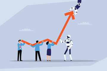 Human and AI teamwork for business growth. A team of people and a robot are lifting and supporting a growing financial arrow chart, symbolizing progress and success 2d flat vector illustration