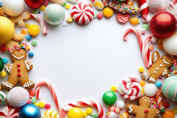 Festive holiday background with candy canes, gingerbread, ornaments, and evergreen branches