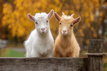Obraz premium Two adorable baby goats, one white and one peach-colored, sit side-by-side at a rustic wooden fence. Autumn leaves in warm golds and oranges blur softly in the background.