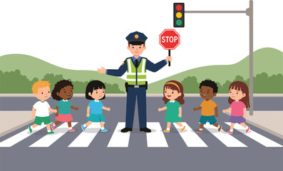 Children crossing street safely with traffic police help, learning road safety at crosswalk, cartoon illustration for kids, cad drawing flat vector illustration