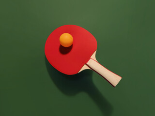 High quality sports background, Red Ping Pong Paddle and Ball on Green Background - Minimalist Sports Photography
