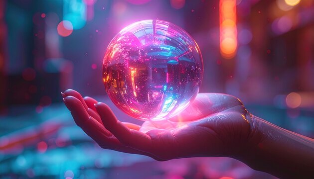 A human hand gently cradles a vibrant, glowing disco ball-like sphere, reflecting a kaleidoscope of neon pink, blue, and purple lights in a futuristic, abstract setting.