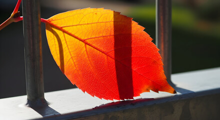 Vibrant orange-red autumn leaf with distinct shadow patterns from a fence in bright sunlight.