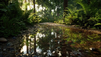 Obraz premium Lush, sunlit forest stream reflecting trees