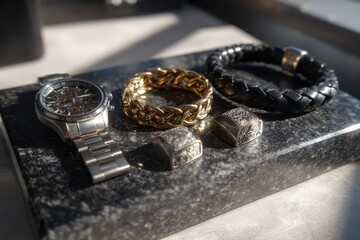 Elegant men's accessories, skeleton watch, gold and leather bracelets.