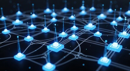 Interconnected Network of Data Nodes with Glowing Blue Lights.