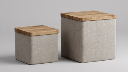 Two light taupe fabric-covered cube storage boxes, different sizes, with light oak wood lids