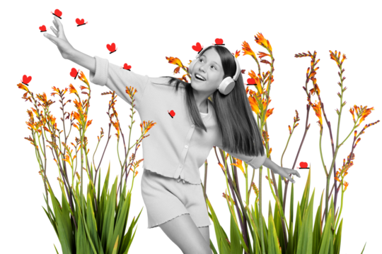 Trend artwork sketch image collage of school age young girl teen dance funky moving summer season holiday flower headphones listen music