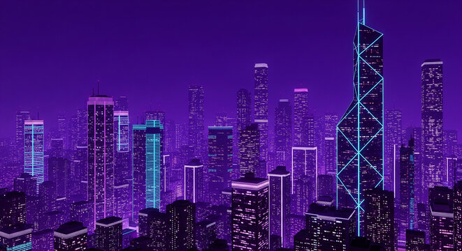A futuristic city skyline glows with bright purple and blue lights at night.