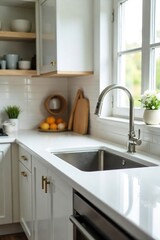 Sparkling clean kitchen surfaces gleam after a thorough cleansing housework session A pristine countertop, shining sink, and spotless appliances are ready for use , fresh, bright