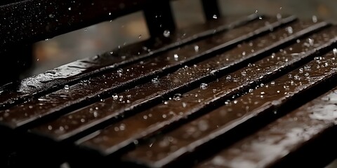 Close up of raindrops falling onto a dark wooden slatted surface creating a wet reflective texture