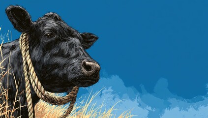 Black cow with rope halter, field background