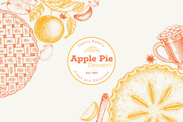 Hand Drawn Vector Apple Pie Illustration. Not AI Generated. Autumn Seasonal Background. Fall Season Cozy Mood Banner. Vintage Harvest Design Template.