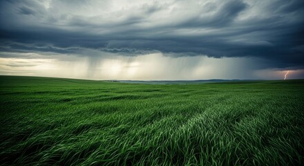 Obraz premium A powerful thunderstorm with heavy rain and a striking lightning bolt illuminates a vast, lush green field under a dramatic, dark sky, showcasing nature's raw beauty and power.