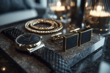 Luxury men's accessories elegantly displayed: watch, cufflinks, gold chain.