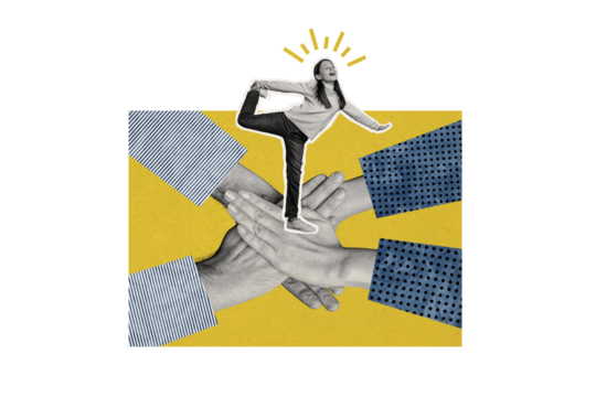 Composite photo collage of people hands hold together palms cooperation dance funky teenager girl team isolated on painted background - Powered by Adobe