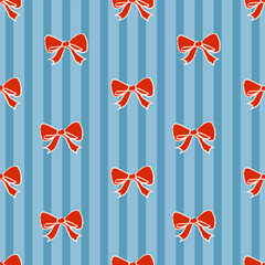 Seamless pattern with hand drawn red ribbon bow knots on vertical stripped muted blue backdrop Doodle print with wax crayons texture. Vector illustration for textile, packaging, fabric, wrapping paper